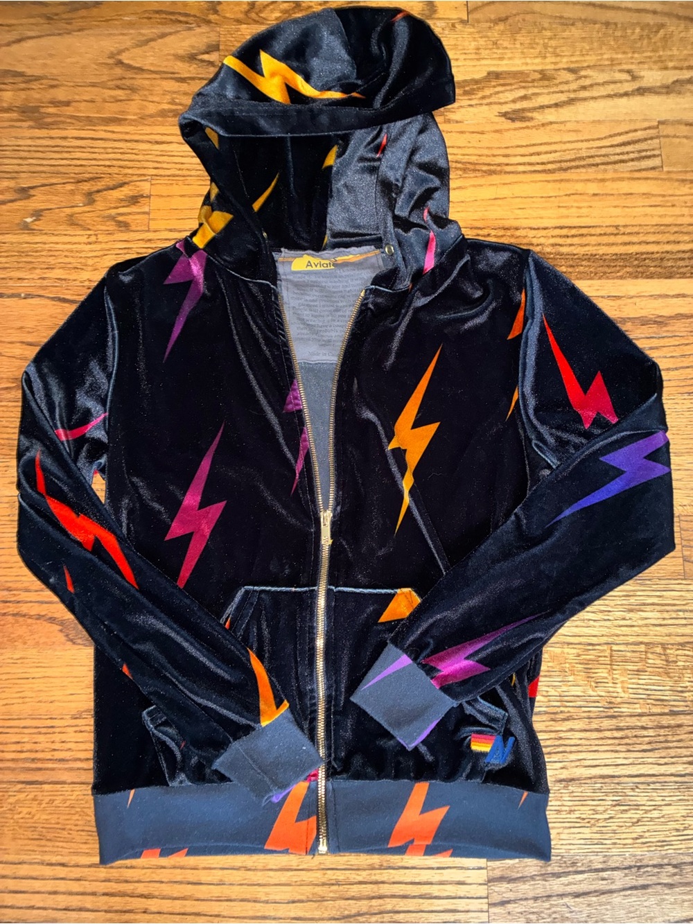 Aviator Nation Black Velvet Zip Hoodie with Multicolor Lightning Bolts